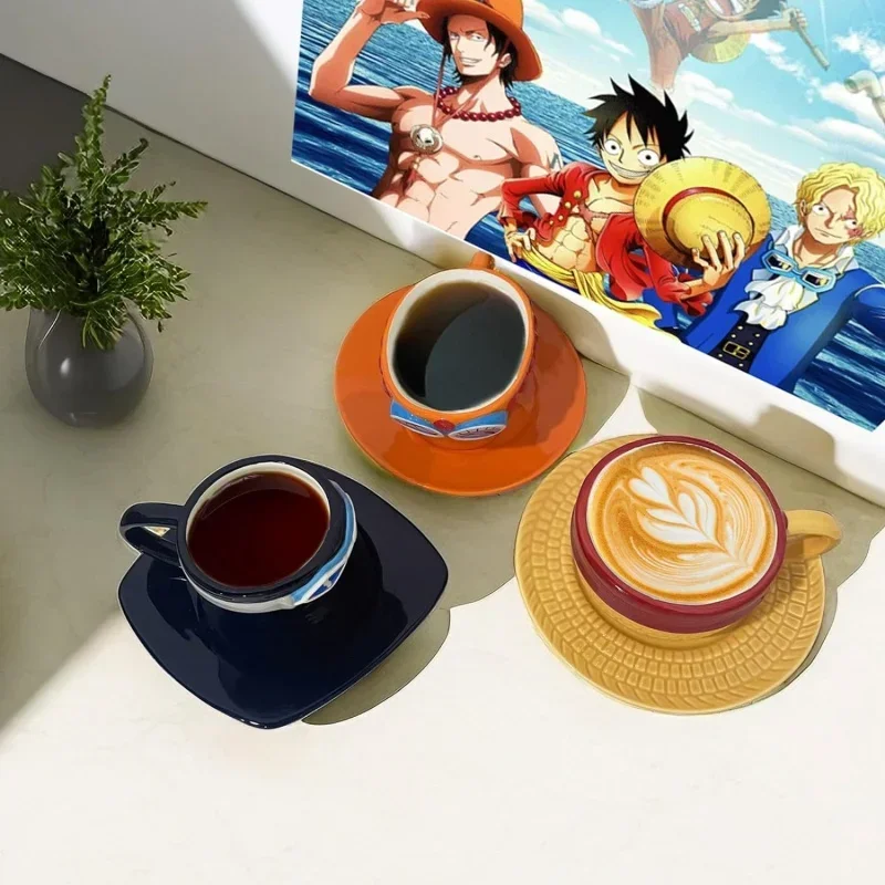 Anime Coffee Mug with Saucer Creative Luffy Ace Sabo Three Brothers Hat Shaped Ceramic Coffee Cup Child's Birthday Gift Cup - Image 2