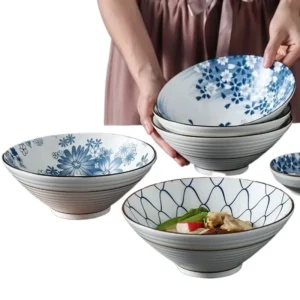Japanese Ceramic Tableware, 8-inch Dobin Bowl, Flared Rim Ramen Soup Bowl, Creative and Stylish Underglaze Design