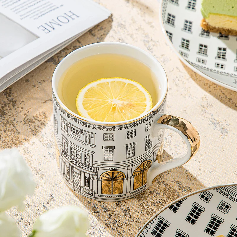 Golden Building Coffee Mug European Luxury Gold Painted Design Cups and Saucers Ceramics Dessert Plate for Kitchen Gift - Image 2