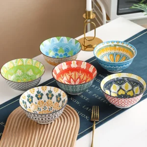 6-Piece Bohemian Ceramic Bowls 6.3 Inch - Large Capacity for Salad, Pasta, Soup, Fruit & Noodles, Microwave/Oven/Dishwasher Safe