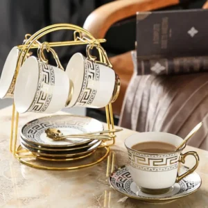 220MM Ceramic Coffee Cup Saucer Set With Cups Saucer Spoon Storage Rack European Luxury Gold Rimmed Mug Afternoon Tea Cup Set