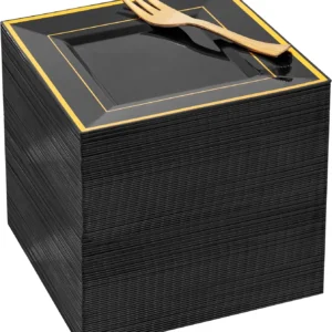 200PCS Black Gold Plastic Dessert Plates with Forks - 6" Square Disposable Appetizer Cake Plates for Parties