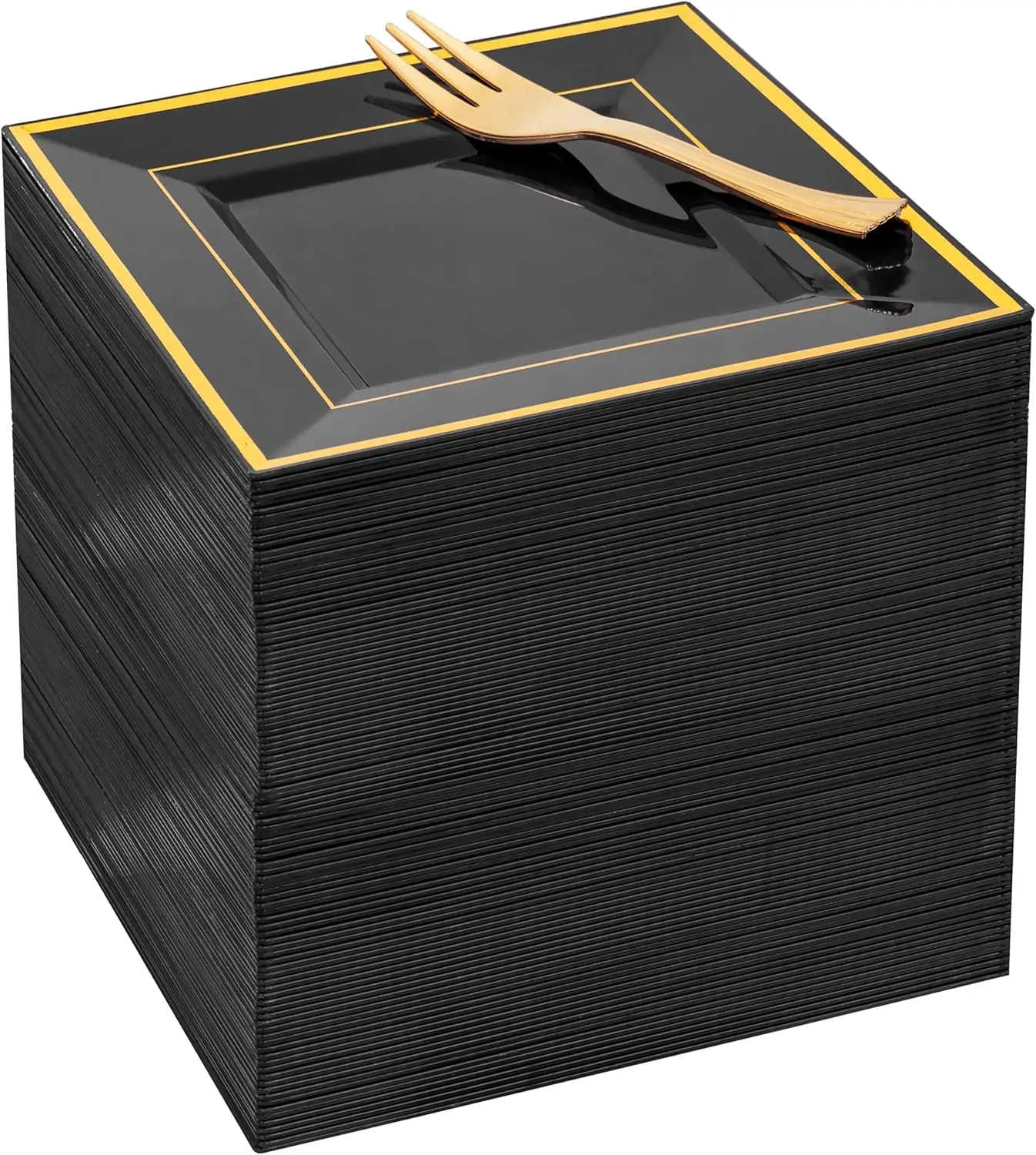 200PCS Black Gold Plastic Dessert Plates with Forks - 6" Square Disposable Appetizer Cake Plates for Parties